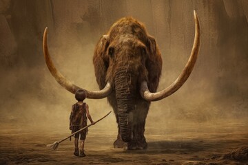 Obraz premium Child boy spear mammoth. Generate Ai