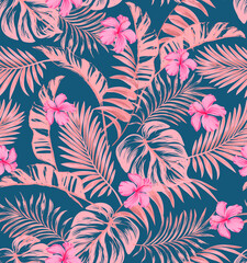 Jungle vector pattern with tropical leaves.Trendy summer print. Exotic seamless background.	