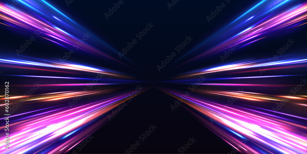 Aufkleber Cyberpunk light trails in motion or light slow shutter effect. Acceleration speed motion on night road. Bright sparkling background. Panoramic high speed technology concept, light abstract background.