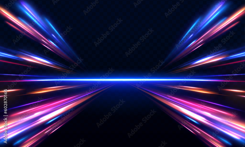 Poster image of speed motion on the road. abstract background in blue and purple neon glow colors. speed of