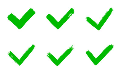 Dirty grunge hand drawn tick v with brush strokes vector illustration set isolated on white background graphic design. Check mark symbol YES button for vote in check box, web, etc.