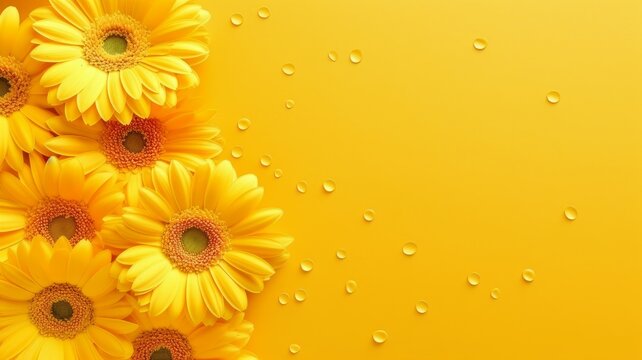 Yellow gerberas close up on bright yellow background. Floral banner with copy space for text. Summer greeting concept. AI image