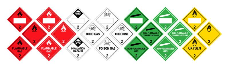 Vector hazardous material signs. Globally Harmonized System warning signs. Gases. Class 2. Hazmat isolated placards