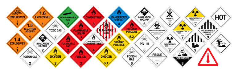 Vector hazardous material signs. Globally Harmonized System warning signs. All classes. Hazmat isolated placards - obrazy, fototapety, plakaty