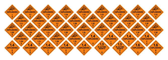 Vector hazardous material signs. Globally Harmonized System warning signs. Explosive materials. Class 1. Hazmat isolated placards