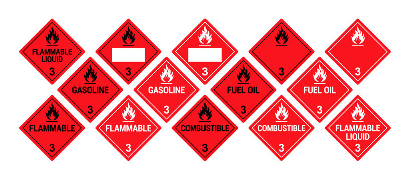 Vector hazardous material signs. Globally Harmonized System warning signs. Flammable Liquids. Class 3. Hazmat isolated placards
