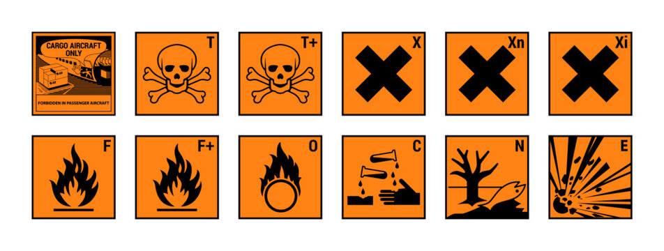 Vector hazardous material signs. Globally Harmonized System warning signs. Hazmat isolated placards