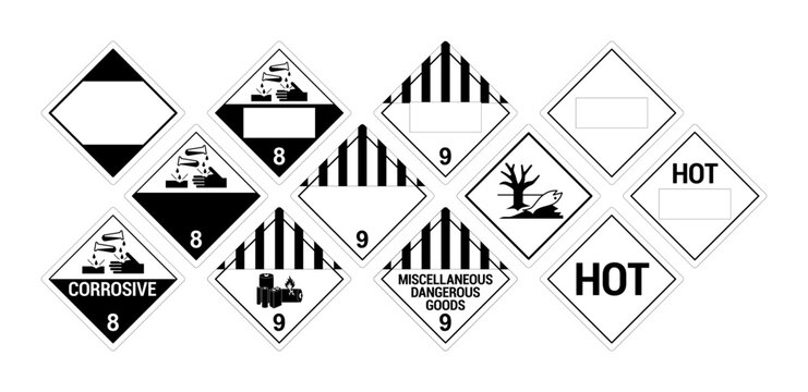 Vector hazardous material signs. Globally Harmonized System warning signs. Corrosive Materials and Miscellaneous. Class 8 and 9. Hazmat isolated placards