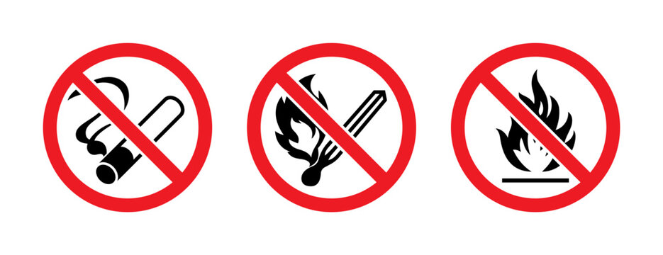 No open fire sign set. Round labels on white background. Vector illustration