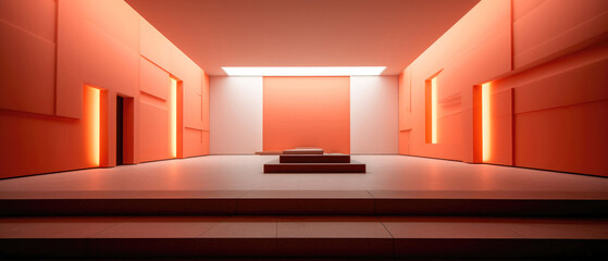 3D rendering of the interior of a modern building illuminated by neon lights