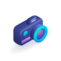 Isometric 3D icon Photo camera with with lens and button. Cartoon minimal style. Vector for website