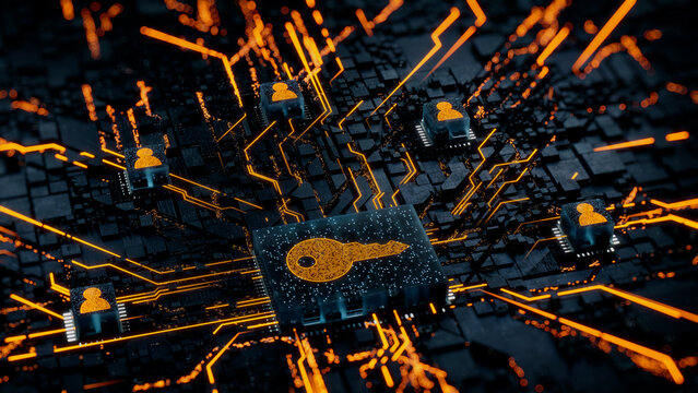Security Technology Concept with key symbol on a Microchip. Orange Neon Data flows between Users and the CPU across a Futuristic Motherboard. 3D render.
