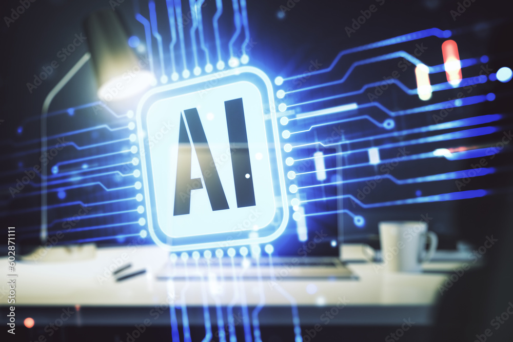 Aufkleber Double exposure of creative artificial Intelligence icon with modern laptop on background. Neural networks and machine learning concept