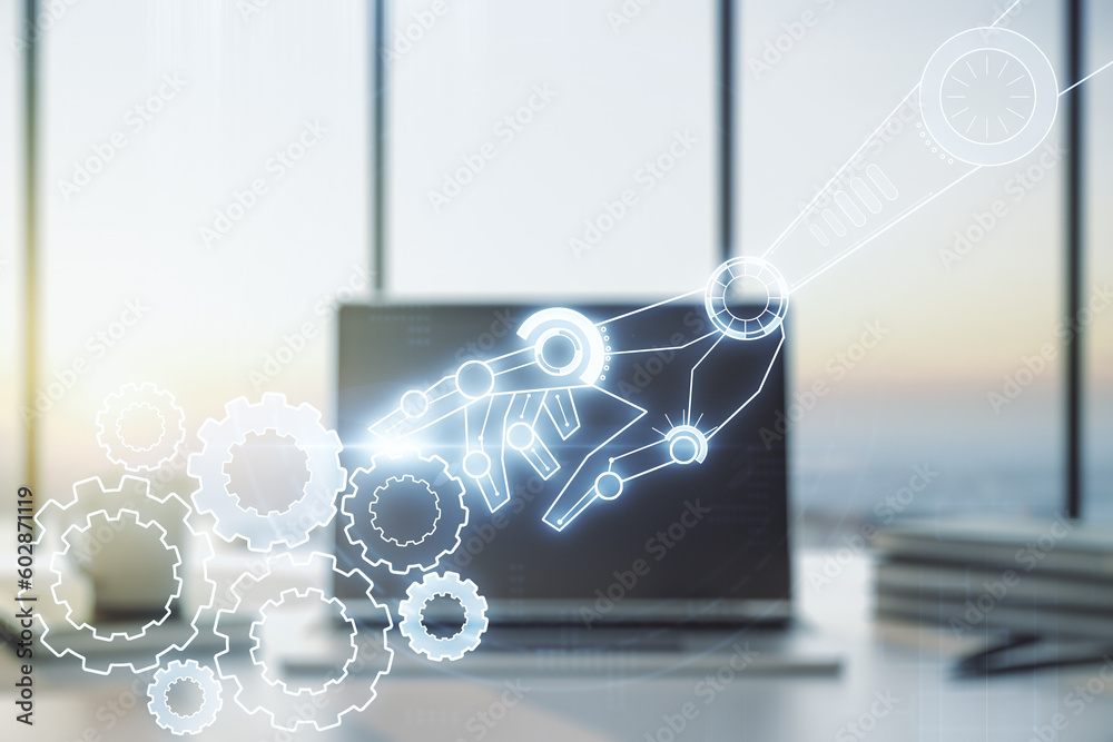 Aufkleber double exposure of robotics technology hologram on laptop background. research and development softw
