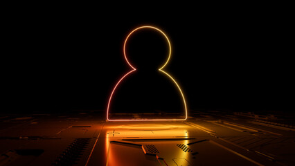 Orange and Yellow Social Technology Concept with user symbol as a neon light. Vibrant colored icon, on a black background with high tech floor. 3D Render