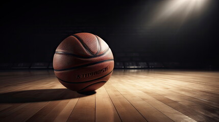 Basketball on wooden floor with stadium background