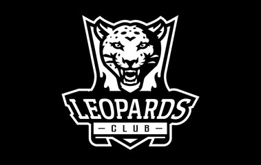 Monochrome sticker, sport logo with leopard mascot. Black and white emblem with the head of a leopard mascot on the background of a shield with a team font. Isolated vector illustration