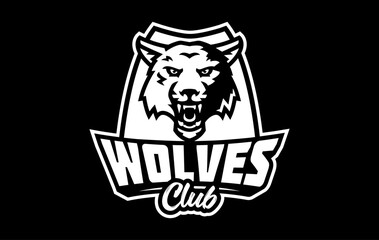 Monochrome sticker, sport logo with wolf mascot. Black and white emblem with the head of a wolf mascot on the background of a shield with a team font. Isolated vector illustration