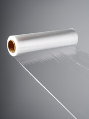 Roll of transparent polyethylene cling film on gray background