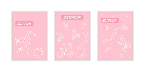 Cover page templates with berries. Pink layouts with strawberries. Doodle style Vector illustration.