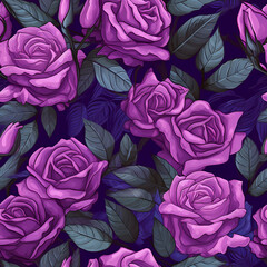 Seamless summer purple roses and leaves patterns, fabric design, flat illustration, highly detailed clean, vector image, photorealistic masterpiece, professional photography, isome, AI generated 