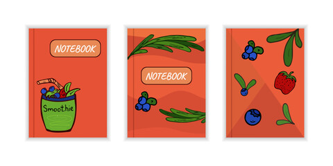 Cover page template with berries. Red layouts with strawberries, smoothie, blueberry. Doodle Vector.