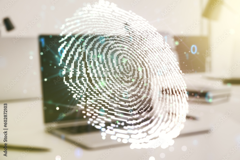 Aufkleber Multi exposure of abstract graphic fingerprint sketch on modern computer background, fingerprint scan data concept