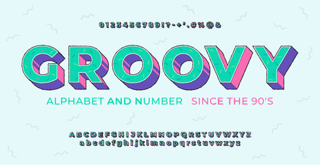 Bright retro font 90's, 80's in cartoon style. Vector retro alphabet with letters symbols and numbers.