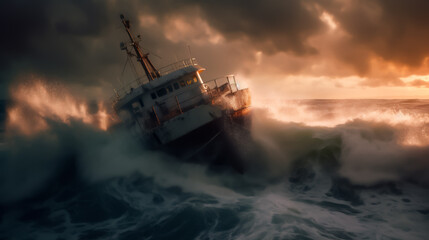 A ship navigates through a powerful storm, showcasing the force of nature at sea. Shallow depth of field, Illustrative Generative AI.