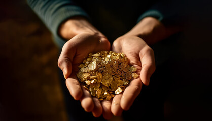 Miner's hands display gold nuggets, symbolizing wealth and the rewards of hard work. Shallow depth of field, Illustrative Generative AI.