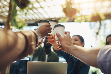 Collaboration, cheers and team with coffee in a meeting or discussion for a creative project in a...