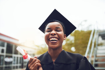Portrait, smile and black woman with certificate, graduation and success with diploma, scholarship...