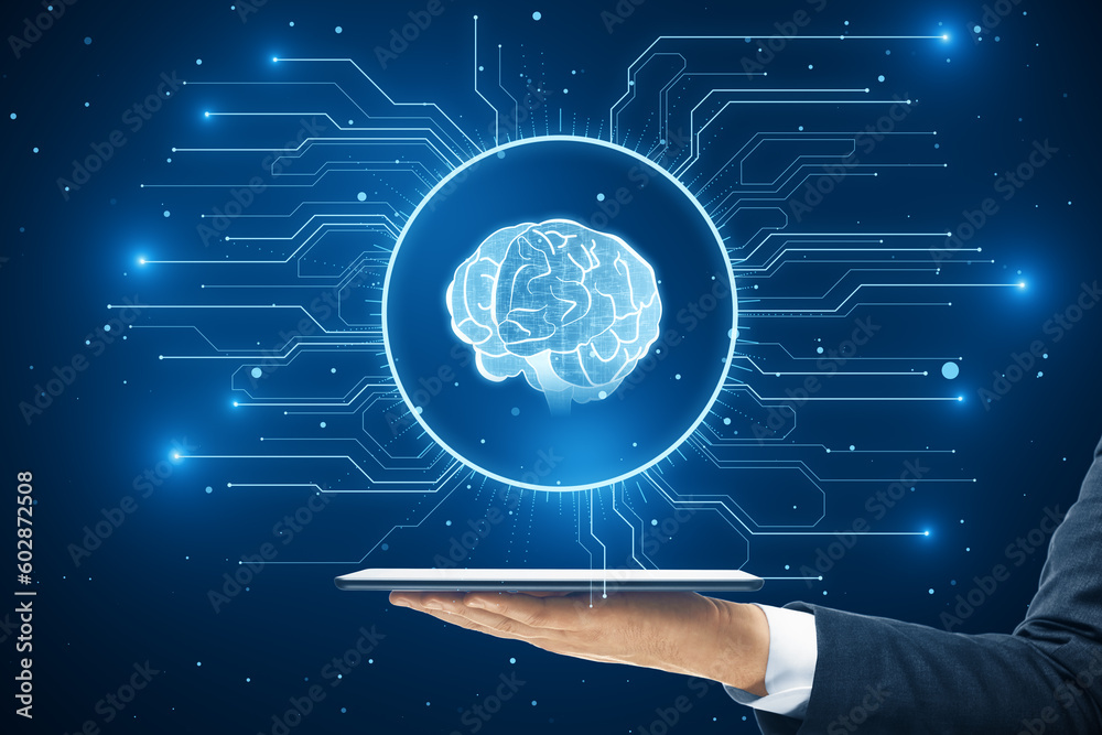 Poster Artificial intelligence and deep learning technology concept with hand holding digital tablet and human brain icon virtual hologram on dark blue background
