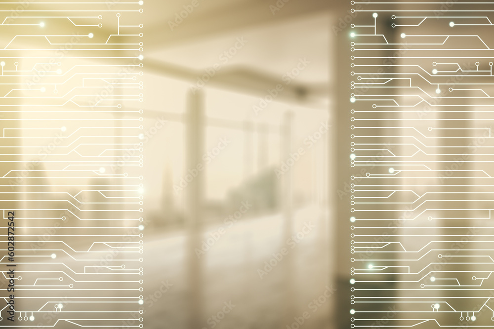 Poster abstract virtual micro chip hologram on empty classroom background, artificial intelligence and mach