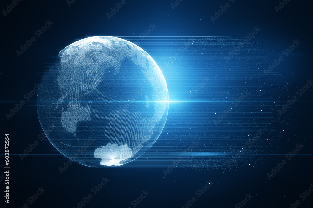 Poster Glowing blue polygonal earth hologram with lines and sparkles on dark backdrop. Metaverse and global world concept. 3D Rendering.
