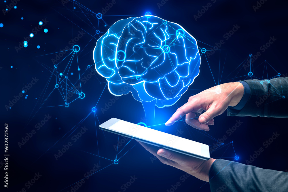 Poster Artificial intelligence, science, innovations and network technologies concept with businessman using digital tablet and blue human brain hologram on abstract dark background