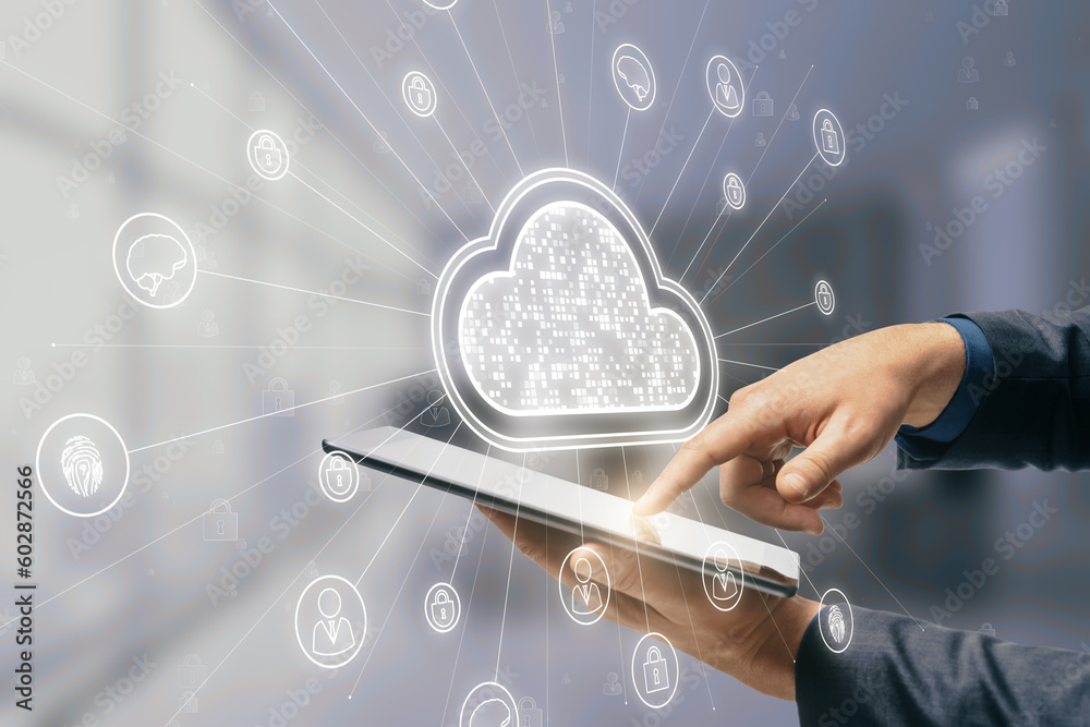 Poster close up of male hand using cellphone with digital white cloud hologram with various icons on blurry