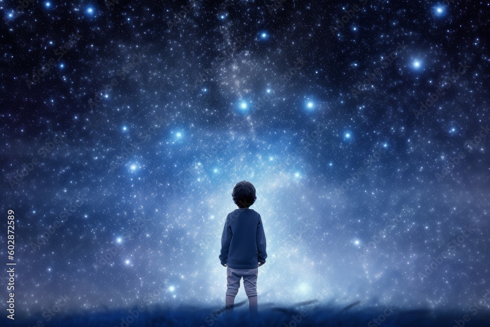 Wall mural Astronomer child man starry sky night. Generate Ai