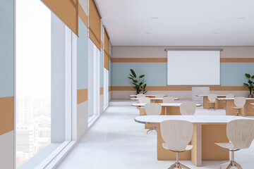 Contemporary school classroom interior with empty white mock up banner, desks and window with city view. Education and auditorium concept. 3D Rendering.