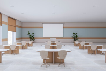 Modern school classroom interior with empty white mock up poster , desks and window with city view. Education and auditorium concept. 3D Rendering.