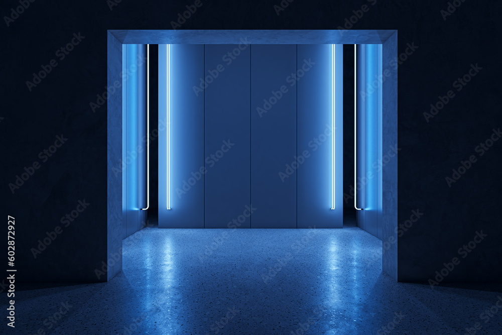 Poster Front view on blue blank wall in abstract empty dark room with concrete floor and neon light, mockup. Product presentation background. 3D Rendering