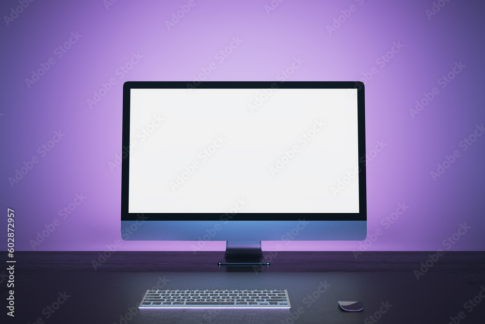Poster Abstract purple desk with empty white mock up computer monitor. Office concept. 3D Rendering.