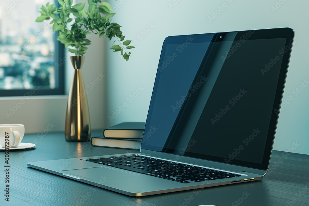 Poster perspective view on blank dark modern laptop screen for lading page or web design on dark wooden wor