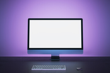 Abstract purple desk with empty white mock up computer monitor. Office concept. 3D Rendering.