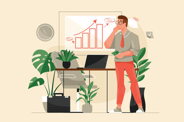 Investment in business yellow concept with people scene in the flat cartoon design. A businessman looks at a diagram and thinks about which project to invest in. Vector illustration.