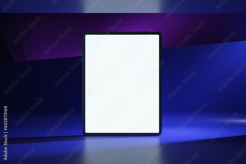 Aufkleber Front view on blank white digital tablet screen with space for your logo or text on abstract graphic dark blue and purple shades background. 3D rendering, mockup