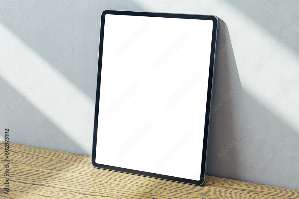 Poster perspective view on blank white digital tablet screen with place for web site or design on wooden su