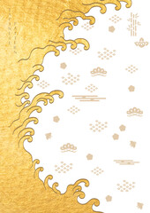 Japanese hand draw wave background icon pattern vector. Asian traditional banner design in vintage style. Gold texture.