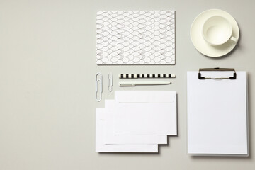 Mockup flat lay with different office accessories on light gray background