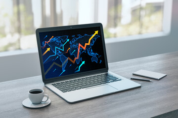 Close up of laptop on wooden office desktop with coffee cup and growing arrows and map on screen. Blurry window with city view background. Growth, success and money concept. 3D Rendering.